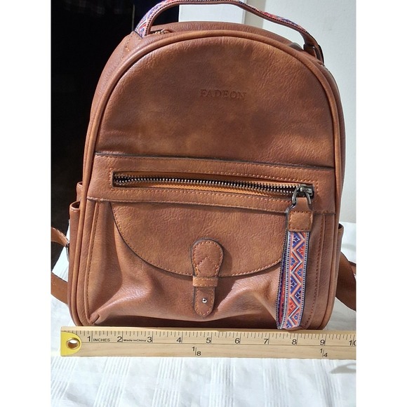 Fadeon Cognac Brown Vegan Leather Mini Backpack Woven Trim Boho